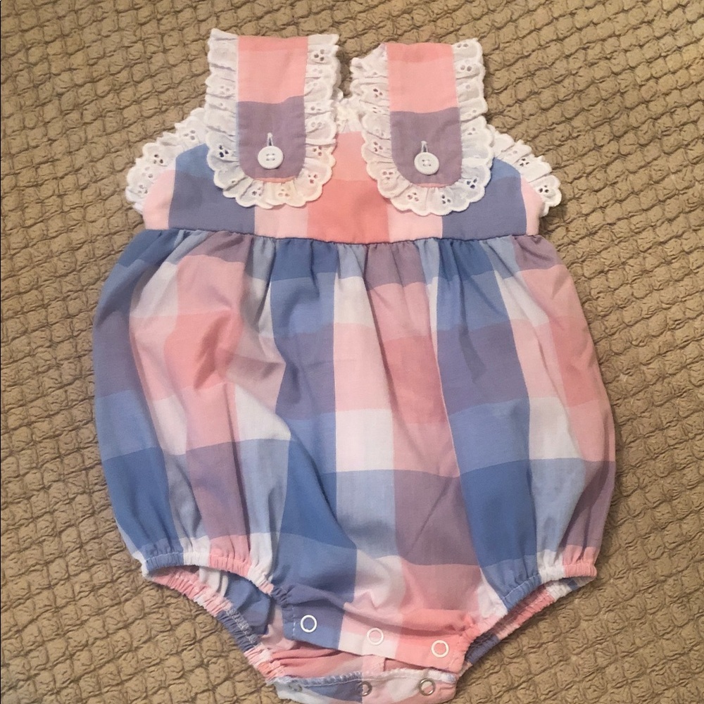 The Beaufort Bonnet Company Pink and Blue Plaid Bubble Romper with Eyelet Trim